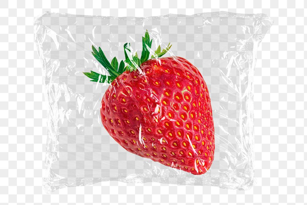 Strawberry png plastic packaging sticker, transparent background