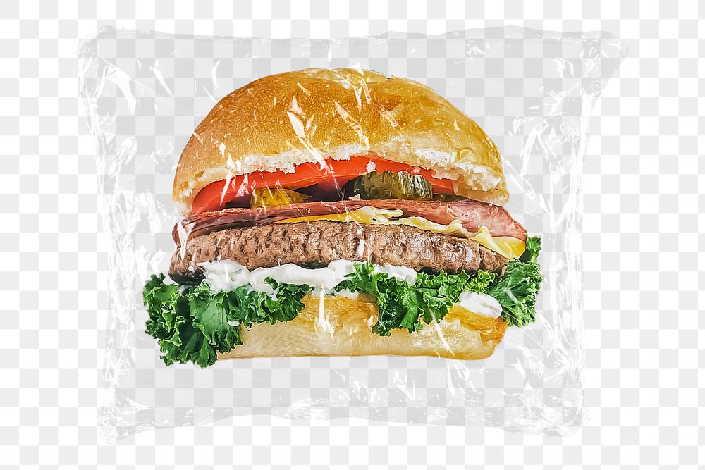 Hamburger png plastic packaging sticker, transparent background