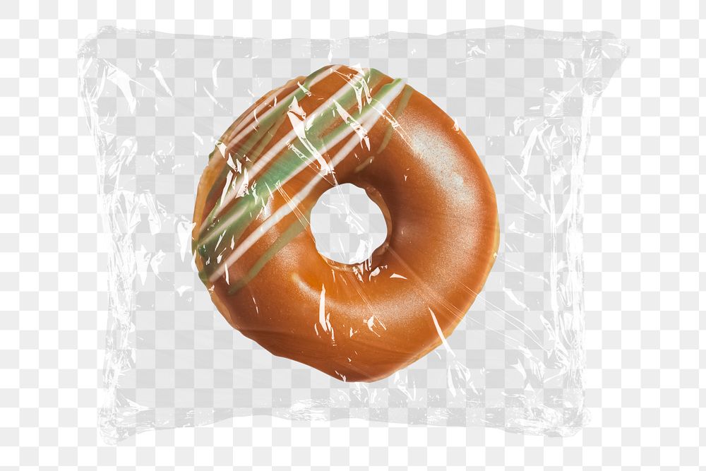 Chocolate donut png plastic packaging sticker, transparent background