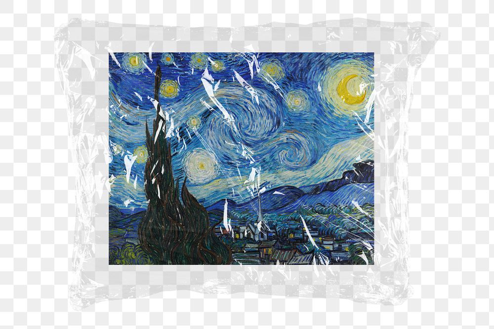 Png The Starry Night artwork, plastic packaging sticker, transparent background, remixed by rawpixel