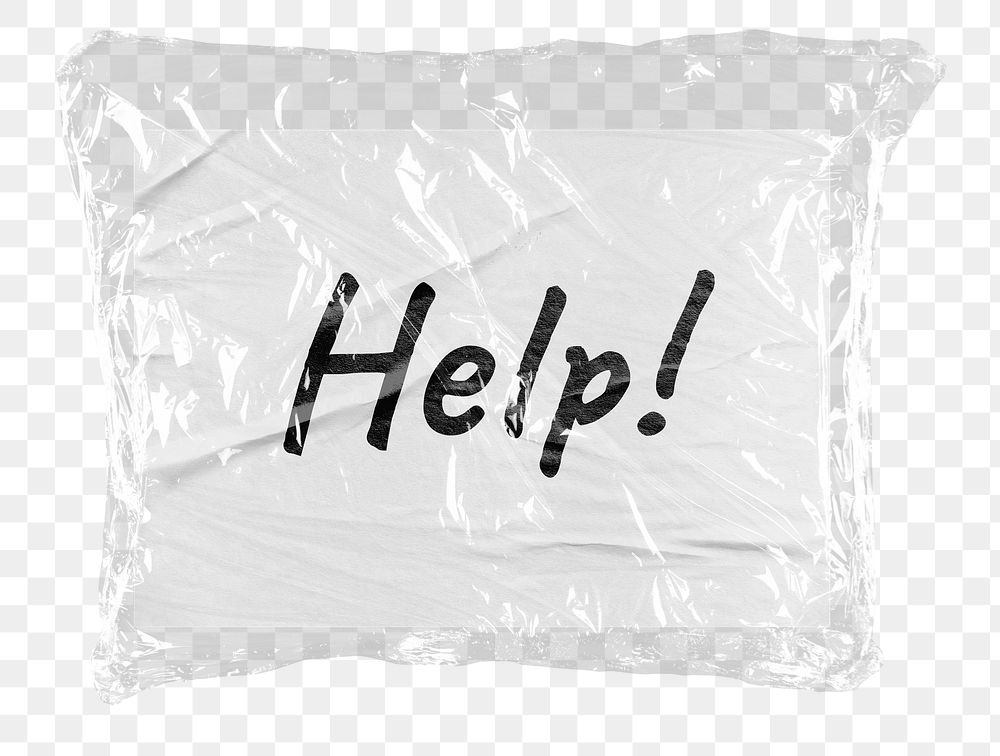 Help png word sticker, plastic covered message, transparent background