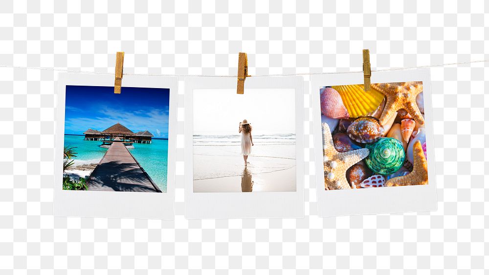 Summer travel png instant photos sticker, vacation mood board on transparent background