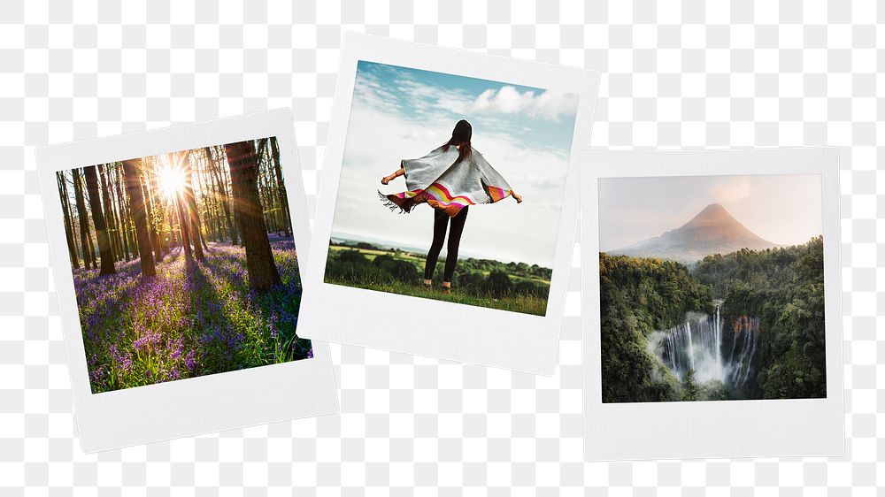 Travel aesthetic png sticker, instant photos mood board, transparent background