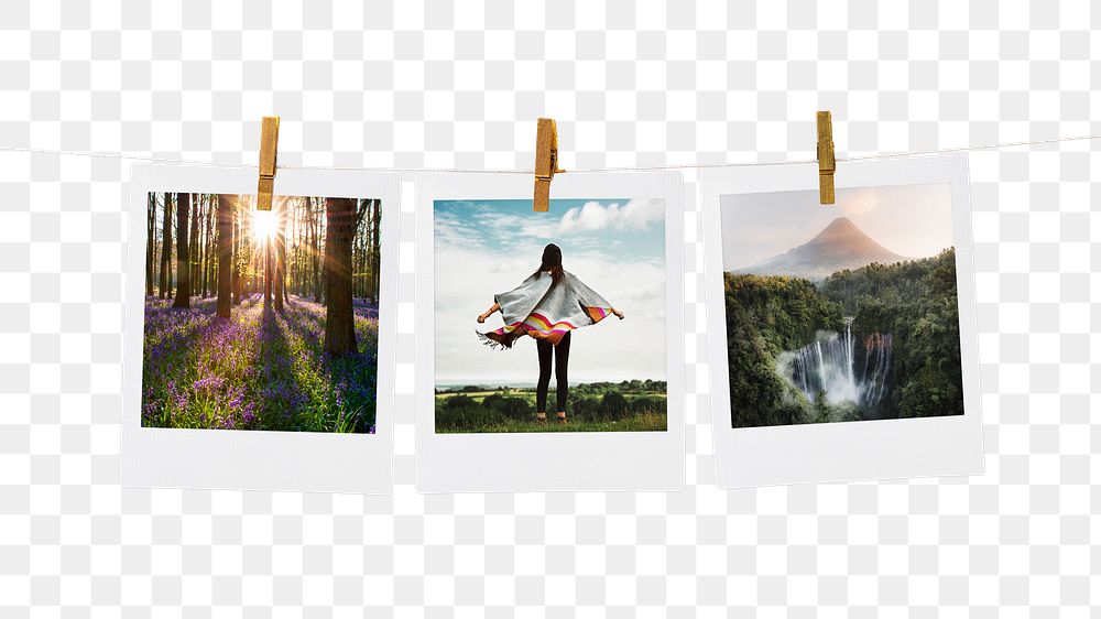 Travel aesthetic png sticker, instant photos mood board, transparent background
