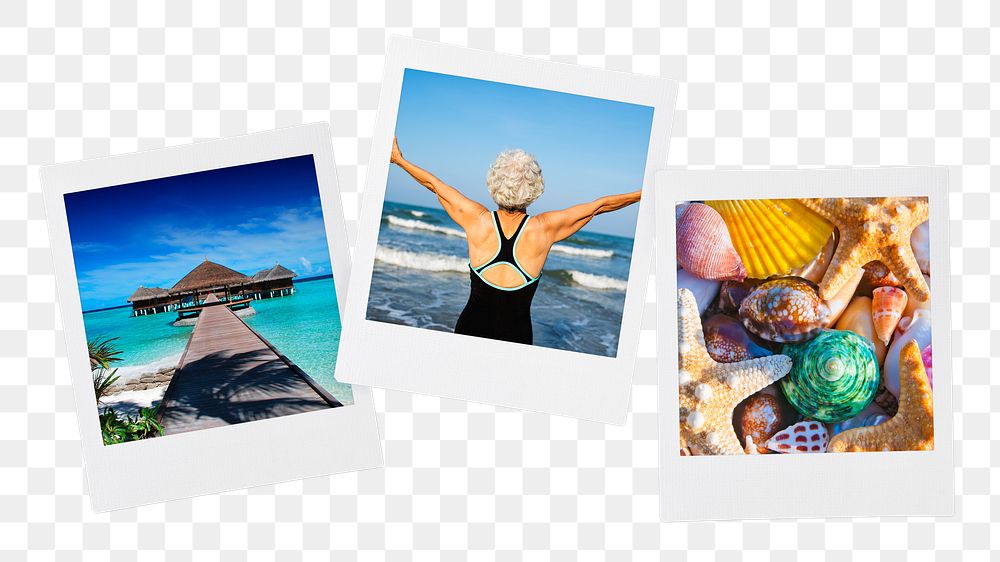 Summer travel png instant photos sticker, vacation mood board on transparent background