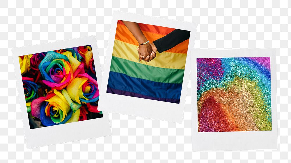 LGBTQ aesthetic png sticker, instant photos, gay pride mood board on transparent background