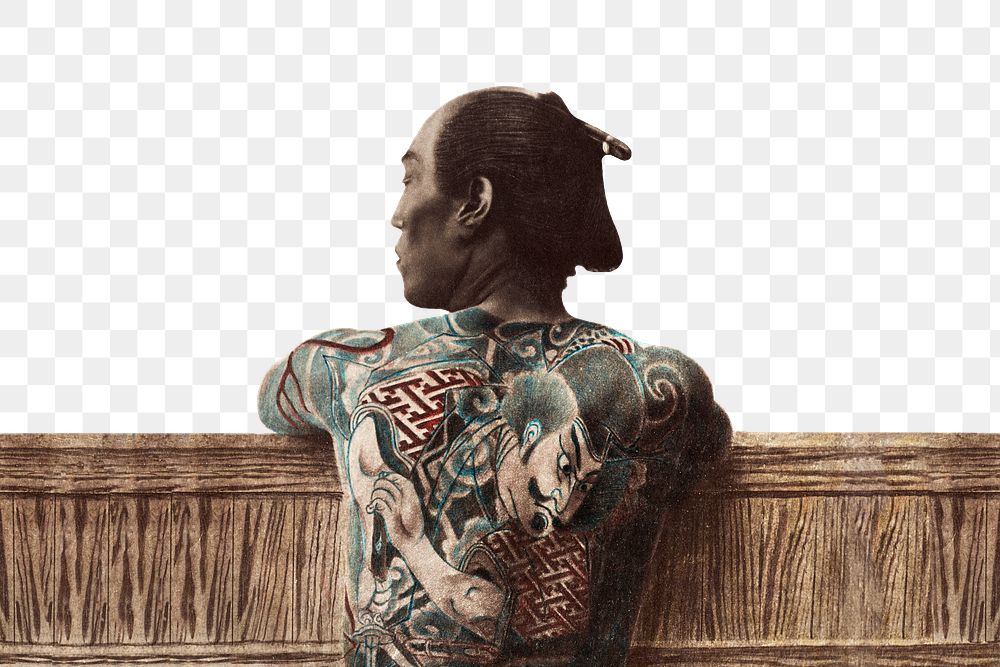 Border png, tattooed Japanese man, collage element, transparent background