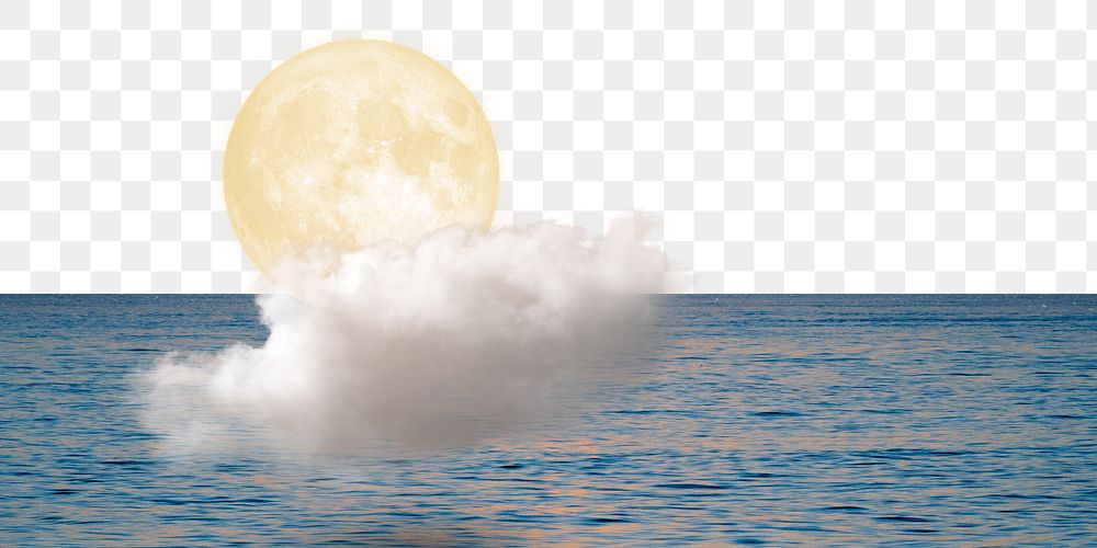 Night border png, full moon over a sea, nature collage element, transparent background