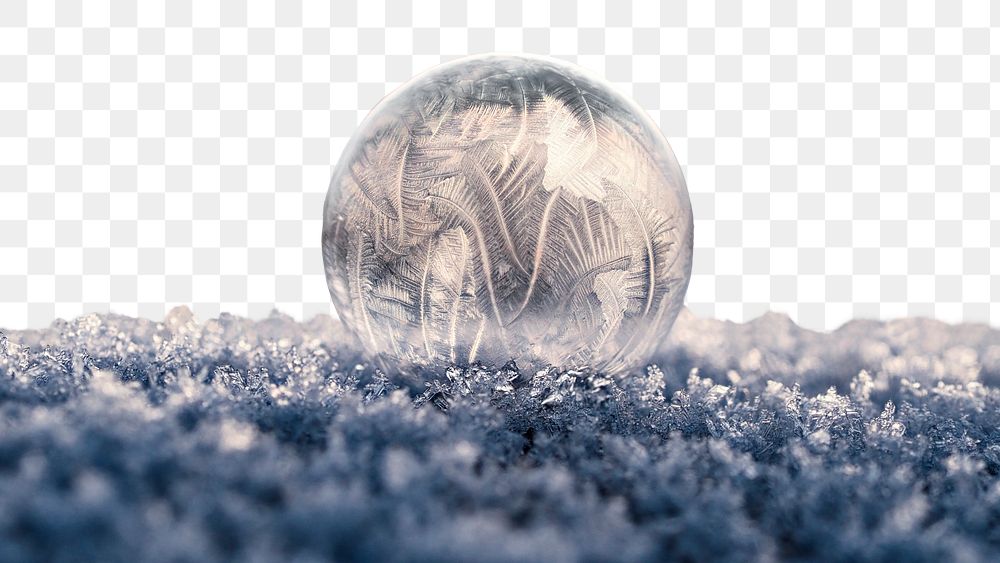 PNG winter frost border, frozen bubble macro shot, transparent background