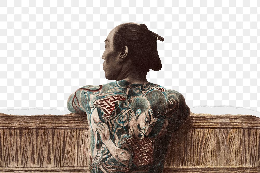 PNG tattooed Japanese man border, ripped paper texture, transparent background