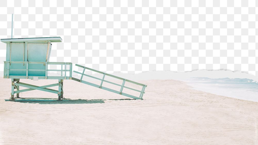 Beach border png, lifeguard's tower, ripped paper texture, transparent background