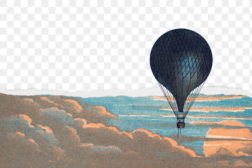 PNG hot air balloon border, ripped paper texture, transparent background