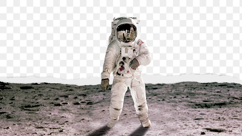 Astronaut border png, walking on the moon, ripped paper texture border, transparent background