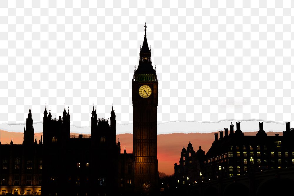 PNG Big Ben tower border, ripped paper texture, transparent background