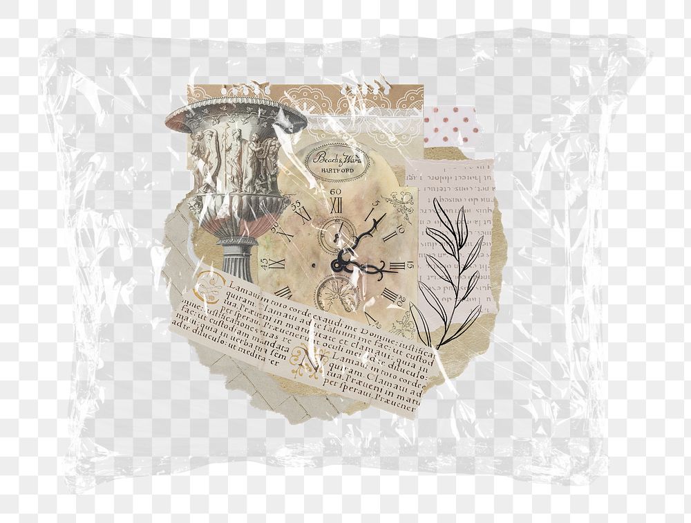 Ephemera collage png plastic bag sticker, vintage concept art on transparent background