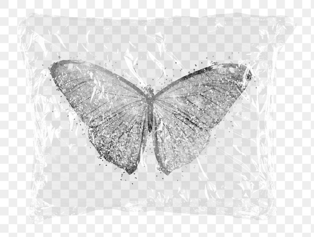 Png silver glitter butterfly plastic bag sticker, spirit animal concept art on transparent background