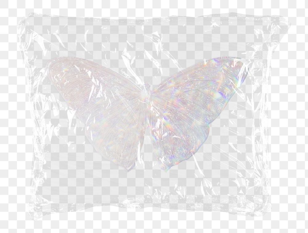 Holographic butterfly png plastic bag sticker, spirit animal concept art on transparent background