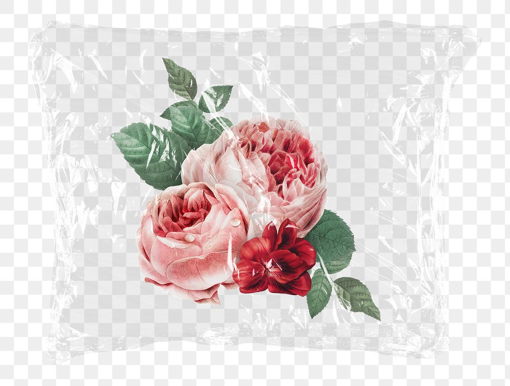 Pink rose png flowers plastic bag sticker, Spring concept art on transparent background