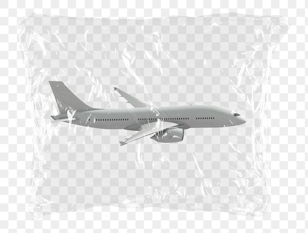 Flying airplane png plastic bag sticker, travel, transportation, aviation concept art on transparent background