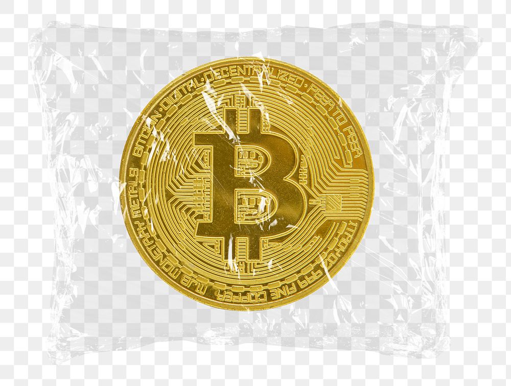Bitcoin icon png plastic bag sticker, cryptocurrency concept art on transparent background