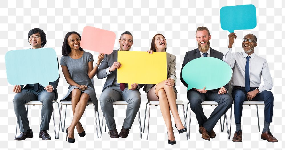 Png businesspeople with speech bubbles sticker, transparent background