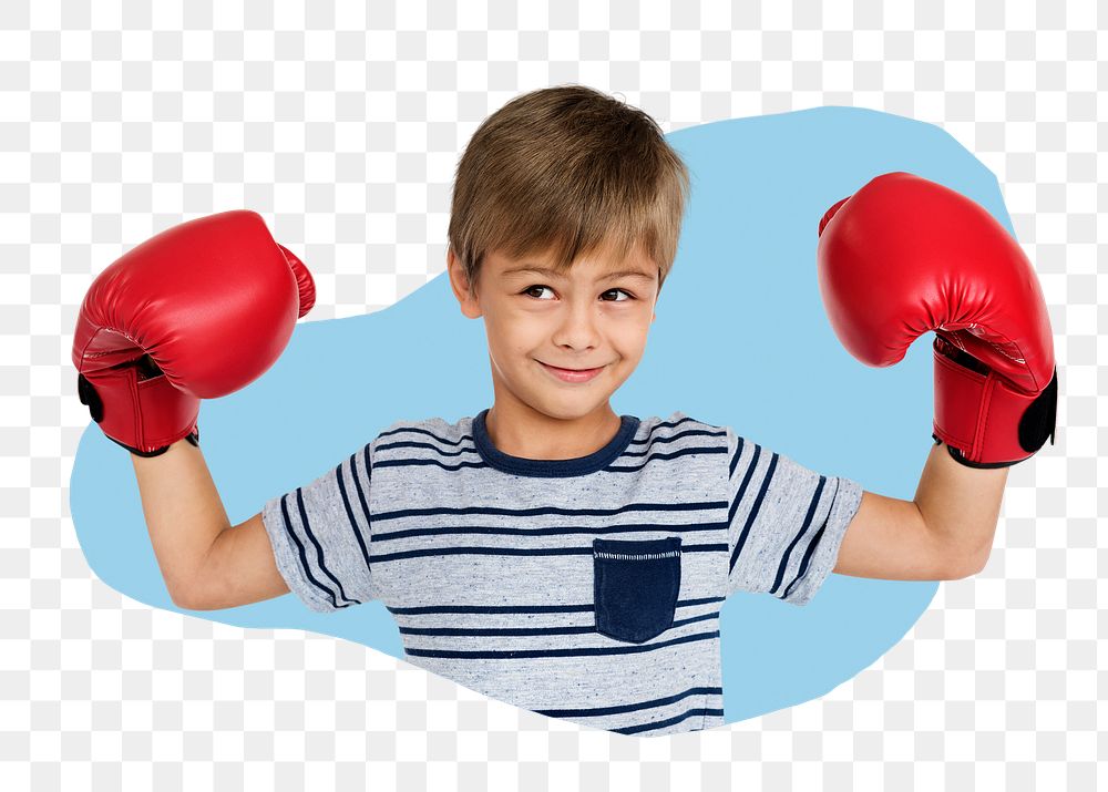 Kid boxer png badge sticker, sport photo in blob shape, transparent background