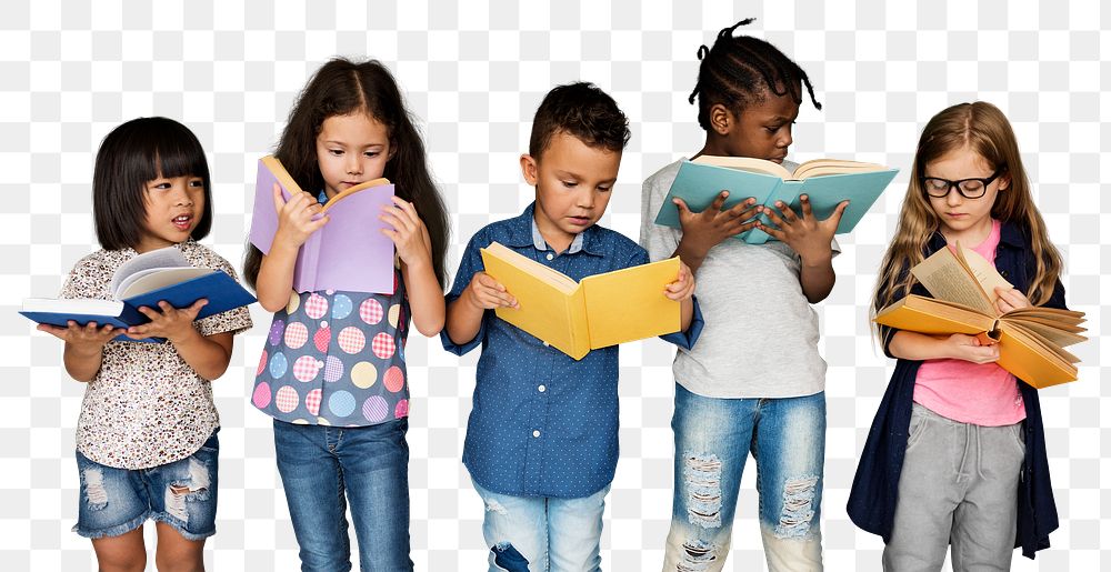 Kids reading books png sticker, transparent background