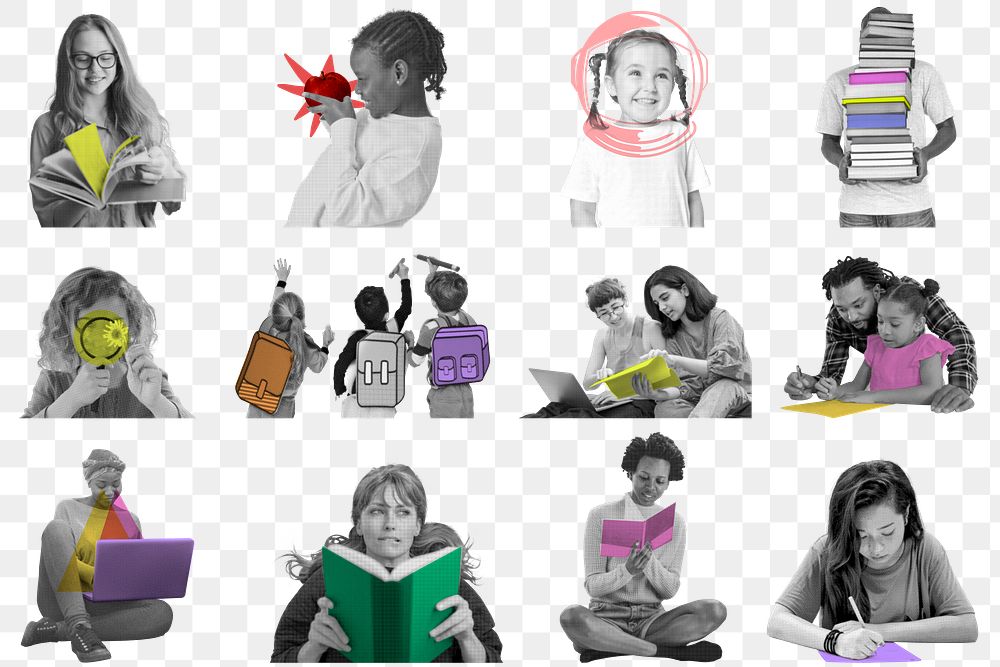 People in education png stickers, color accent, transparent background set
