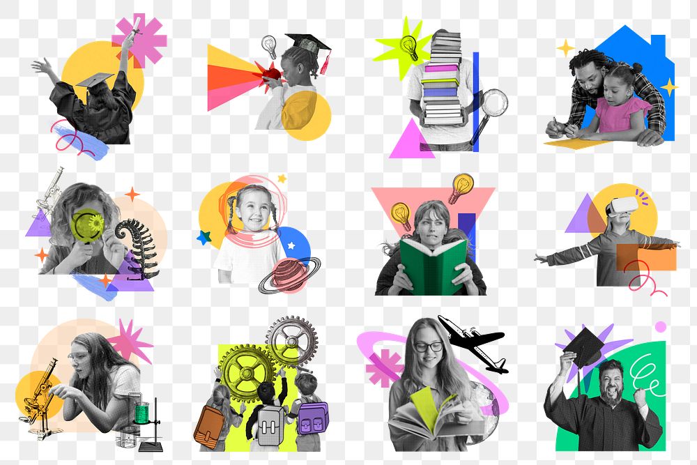 People in education png stickers, geometric mixed media, transparent background set