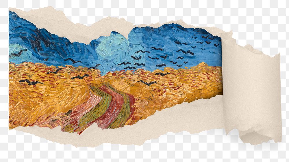 Van Gogh's Wheatfield png sticker, ripped paper remixed by rawpixel, transparent background