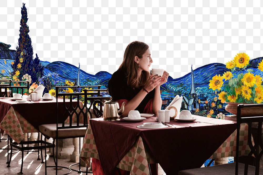 Png woman at cafe terrace border, remixed by rawpixel, transparent background