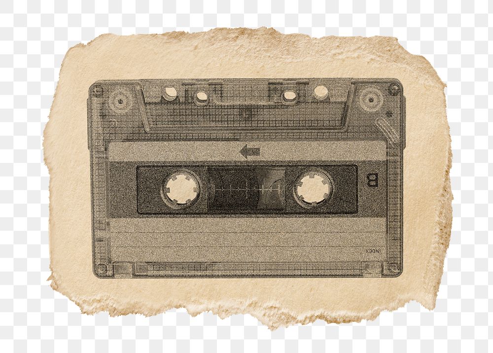 Tape cassette png sticker, ripped paper transparent background