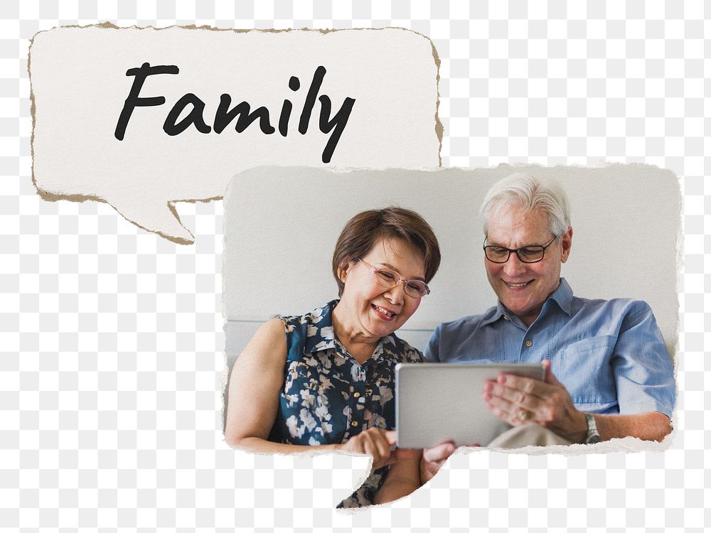 Png family speech bubble sticker, senior couple holding tablet, transparent background