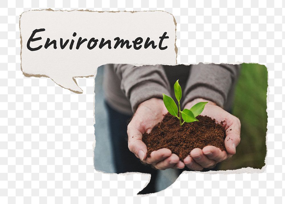 Environment png paper speech bubble sticker, hand cupping plant on transparent background