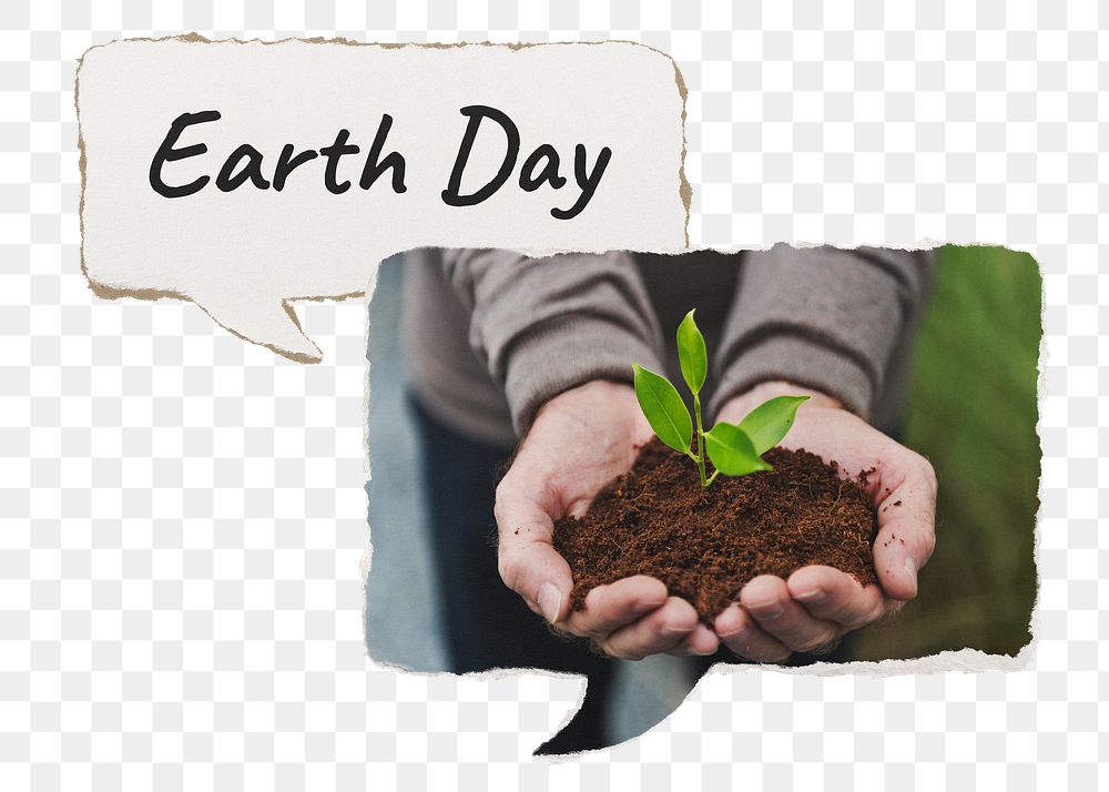 Earth day png paper speech bubble sticker, hand cupping plant on transparent background