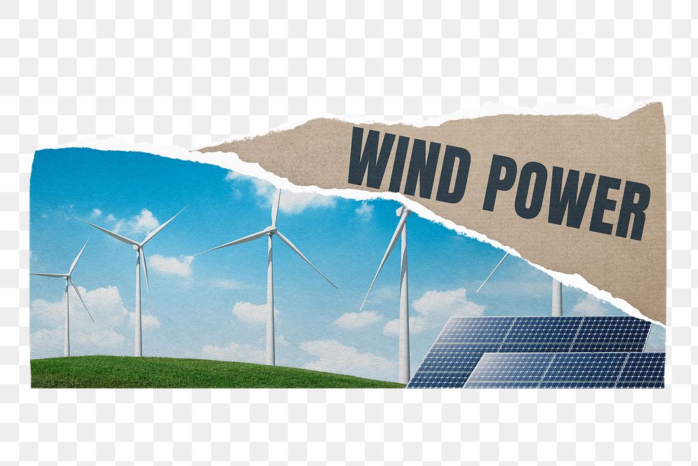 Wind power png sticker, ripped paper craft with environment image on transparent background