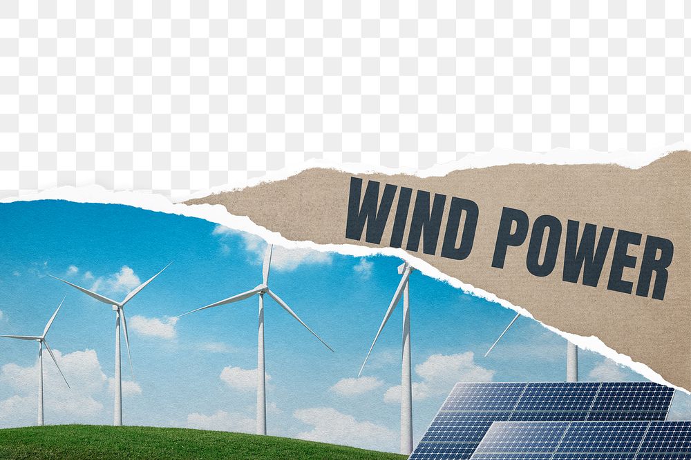 Wind power png border, transparent background, ripped paper craft with environment image