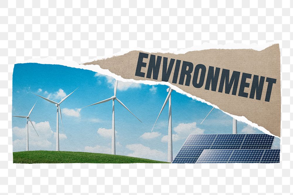 Environment png sticker, ripped paper craft with wind turbine farm image on transparent background