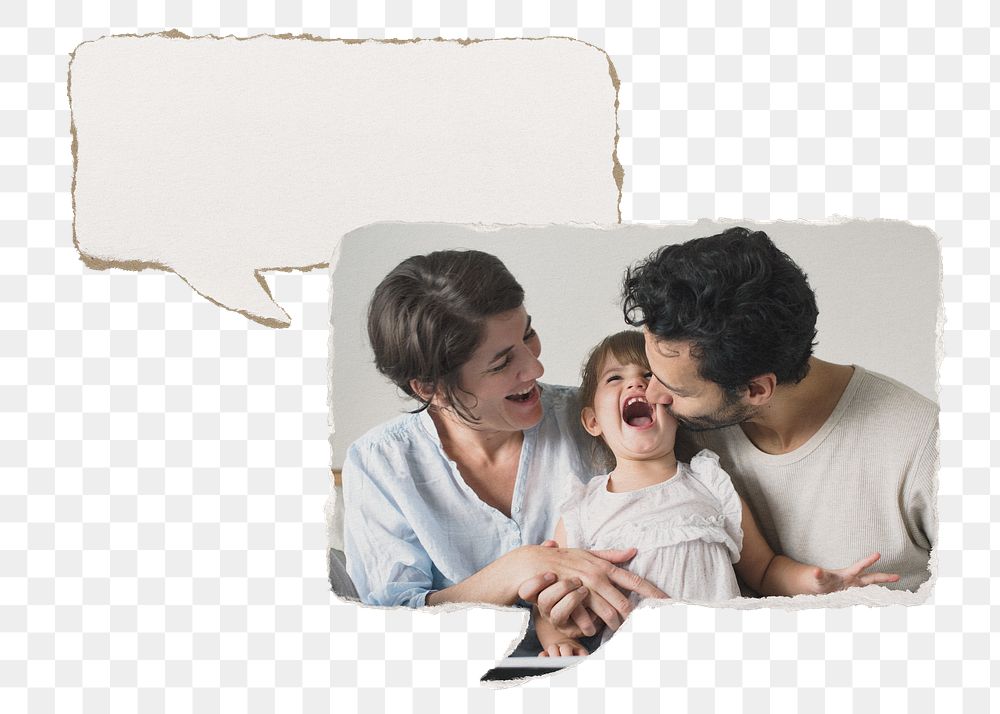 Happy family png sticker, speech bubble, parents and daughter image on transparent background