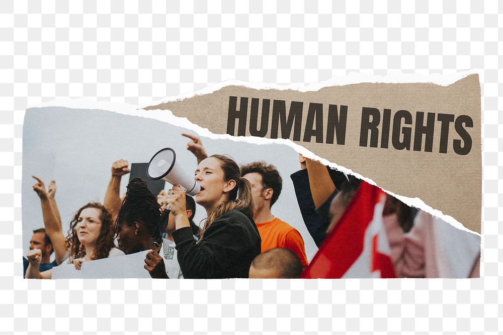 Human rights png protest, ripped paper sticker, transparent background