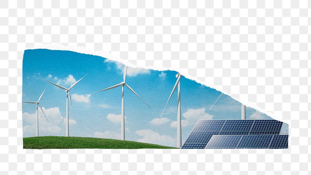 Renewable energy png ripped paper sticker, sustainable environment, wind turbine farm on transparent background