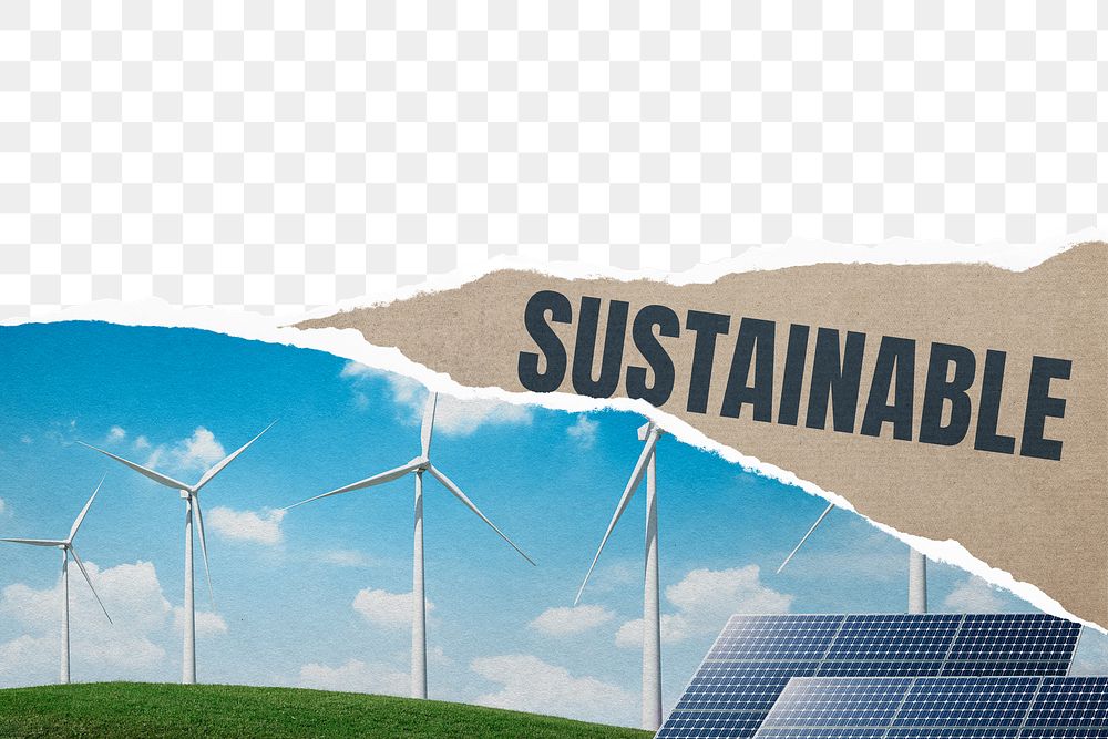 Sustainable environment png border, transparent background, ripped paper craft with wind turbine farm image