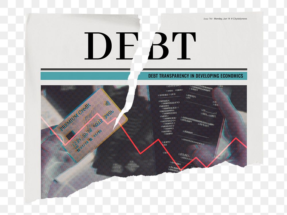 Debt newspaper png sticker, finance concept, ripped paper on transparent background