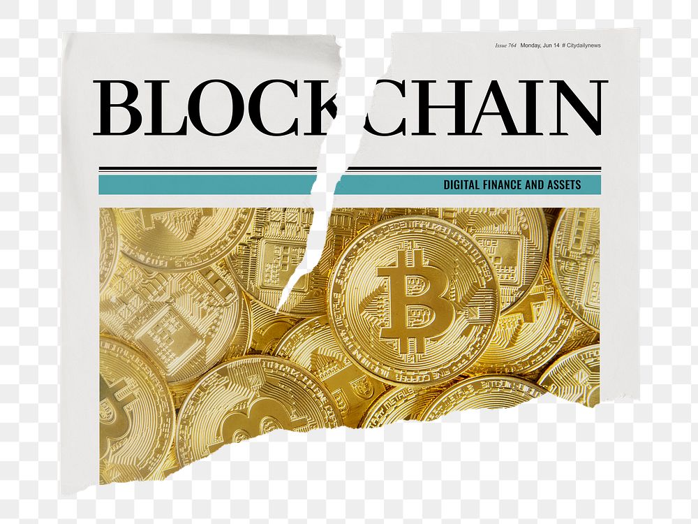 Blockchain newspaper png sticker, cryptocurrency concept, ripped paper on transparent background