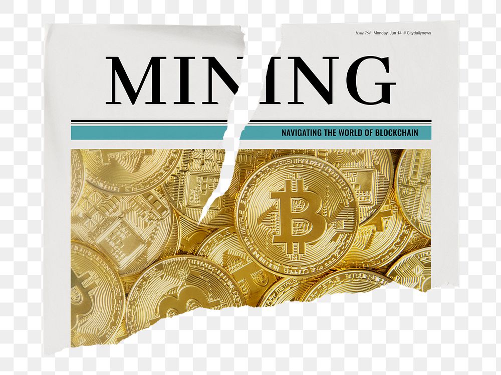 Mining newspaper png sticker, cryptocurrency concept, ripped paper on transparent background