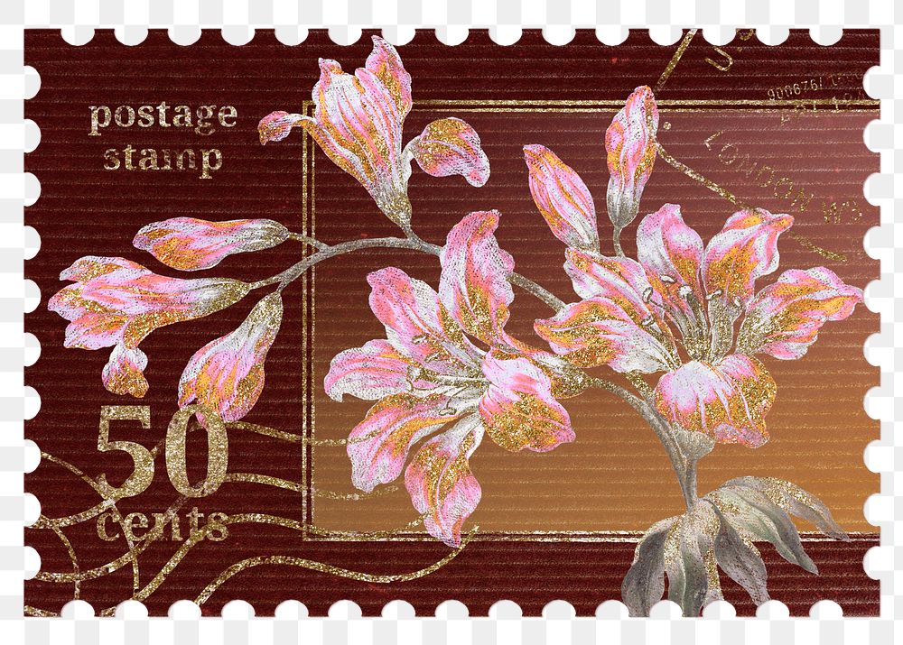 Png flower postage stamp sticker, ephemera graphic, transparent background