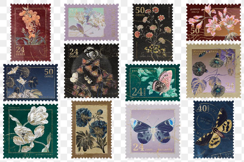 Png flower postage stamp sticker, ephemera graphic, transparent background set