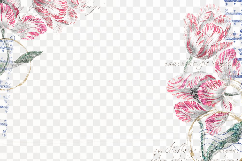 Flower png border frame, vintage illustration, transparent background