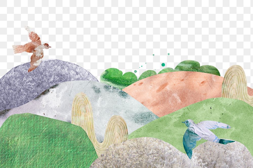 Watercolor landscape png transparent background, nature paper collage