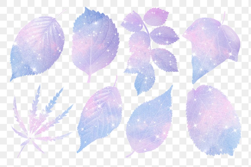 Dreamy pastel png leaves sticker, aesthetic pink glittery set on transparent background